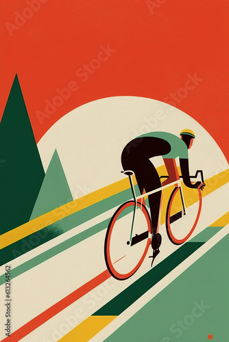Ai generated illustration mid century art style of male cyclist