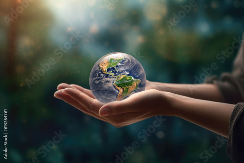 Man hands holding transparent earth globe over blurred background. Generative AI
