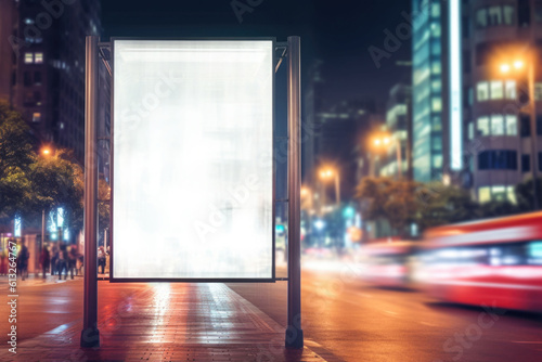 Blank vertical billboard poster on city street bus stop sign at night. Generative AI illustration