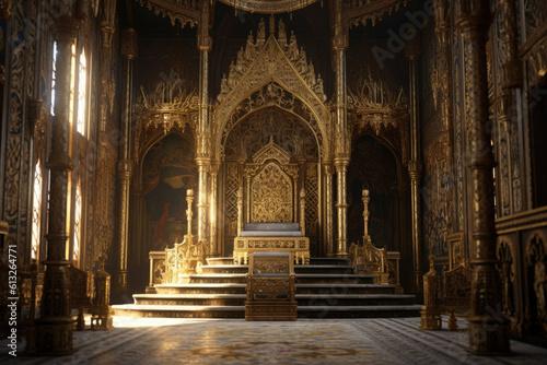 Throne room in a medieval castle. Throne intricate designs the walls and ceiling. Generative AI