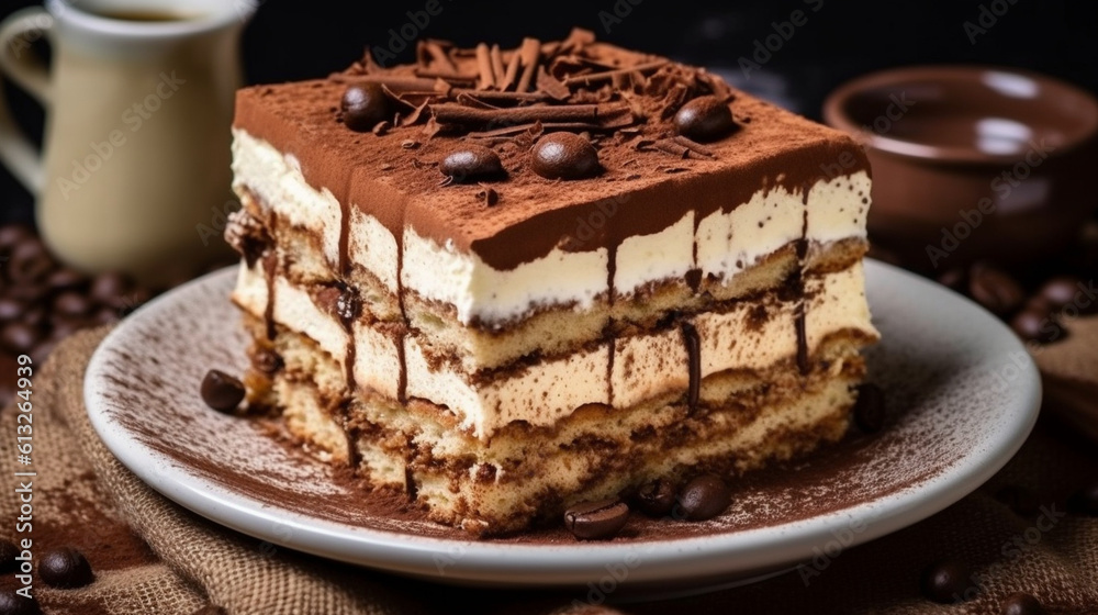 Chocolate cake Tiramisu can be described as a variation of the classic Italian dessert Tiramisu, featuring layers of chocolate cake instead of ladyfingers soaked in coffee and laye Generative AI