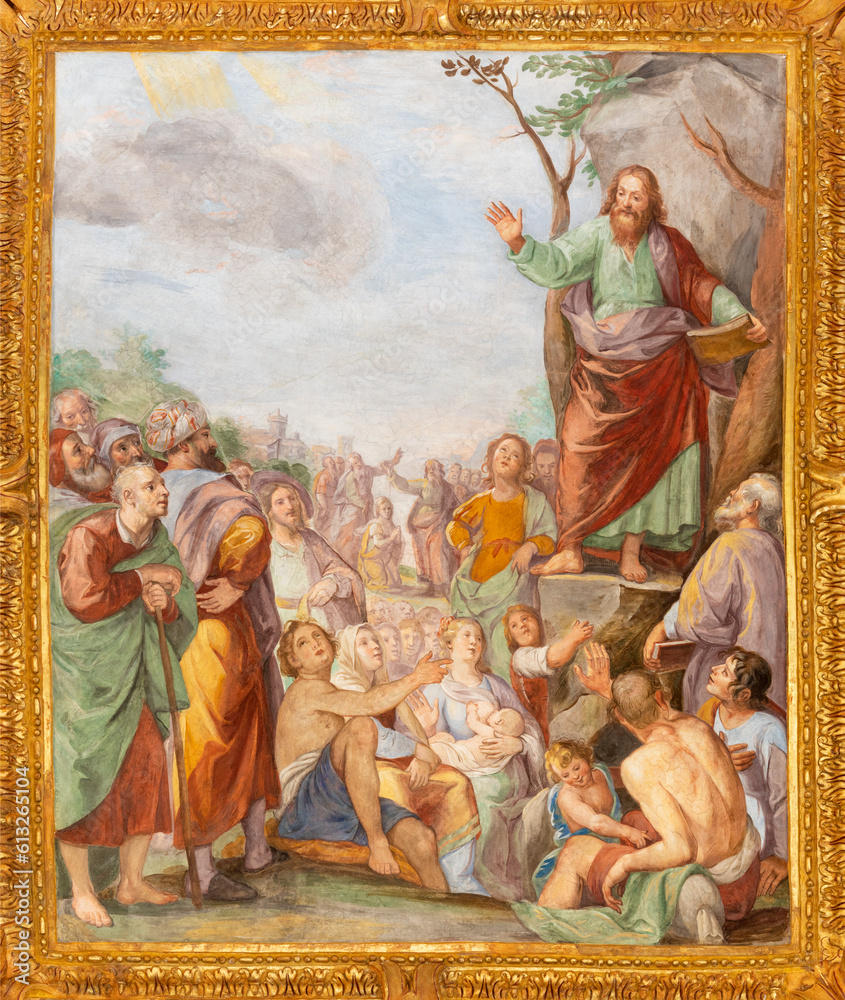 GENOVA, ITALY - MARCH 6, 2023: The fresco The teaching of St. Paul the Apostle in the church Basilica della Santissima Annunziata del Vastato by Gioacchino Assereto (1600 – 1649).