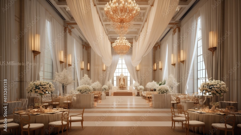 A grand wedding venue with a high ceiling, adorned with elegant chandeliers and draped in luxurious fabrics. Generative AI. 
