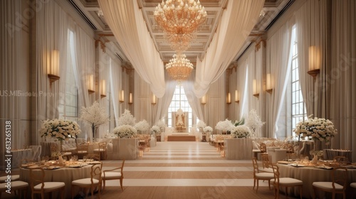 Fotografiet A grand wedding venue with a high ceiling, adorned with elegant chandeliers and draped in luxurious fabrics
