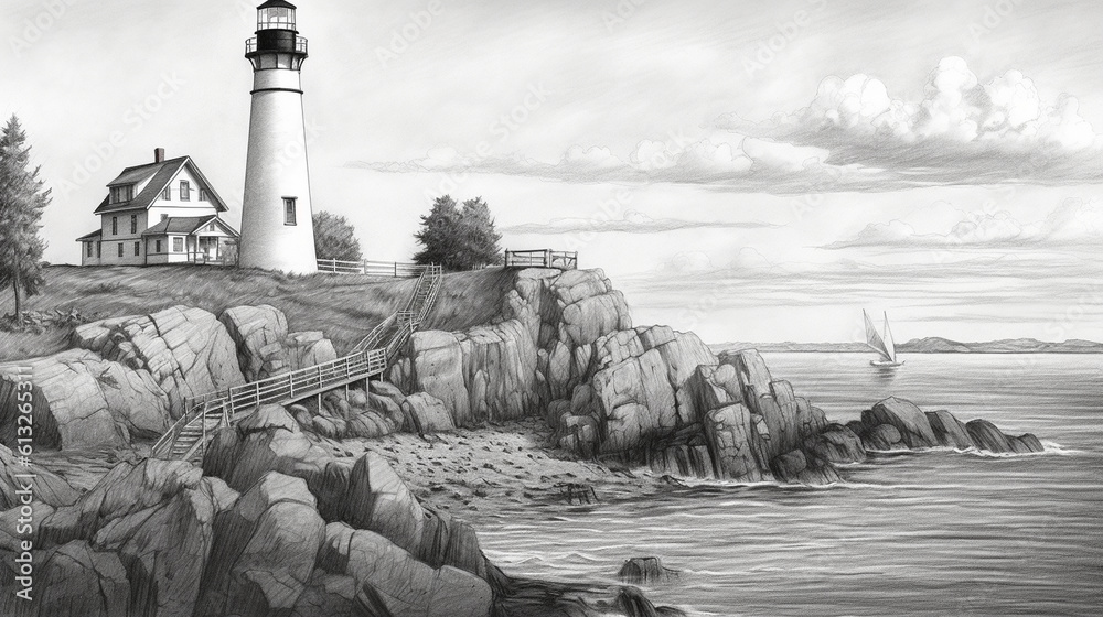Fototapeta premium Lighthouse-themed landscape drawing Generative AI