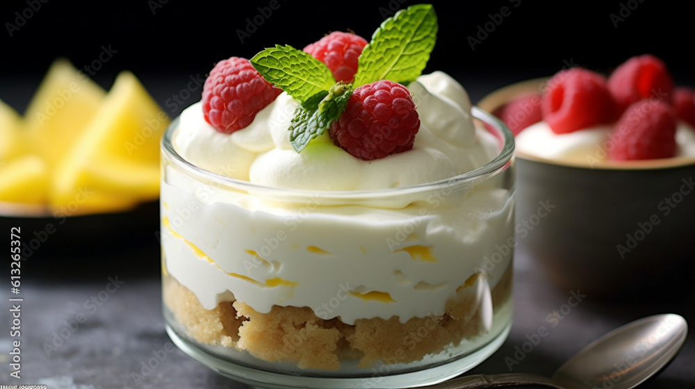 Lemon cheesecake served in a bowl. Generative AI Lemon cheesecake served in a bowl. Generative AI