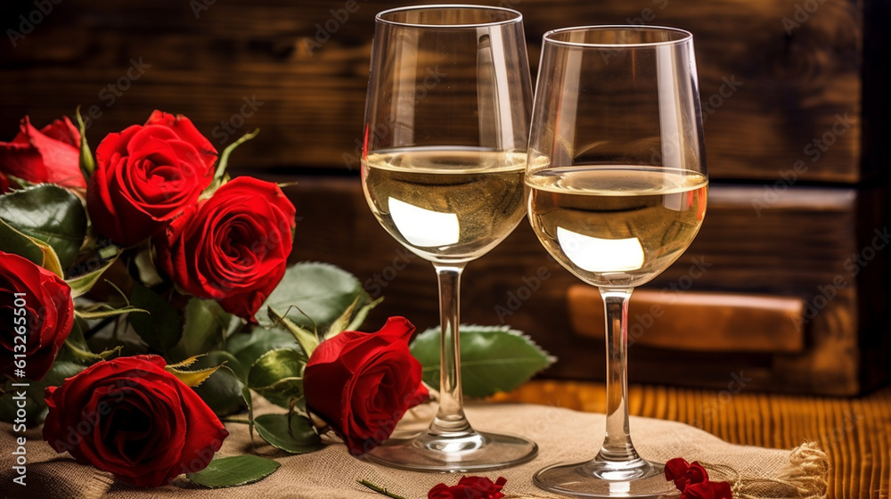 A pair of wine glasses filled with white wine and adorned with red roses. Generative AI A pair of wine glasses filled with white wine and adorned with red roses. Generative AI