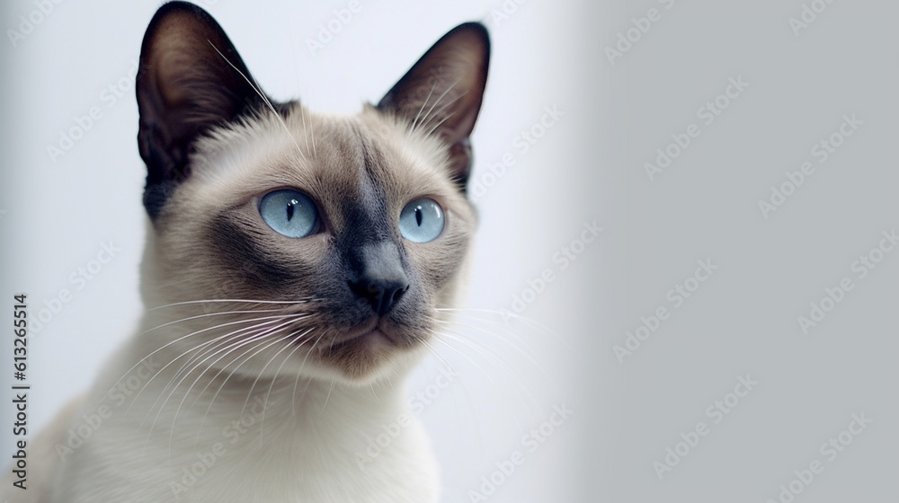 Siamese feline alone against a white backdrop. Generative AI