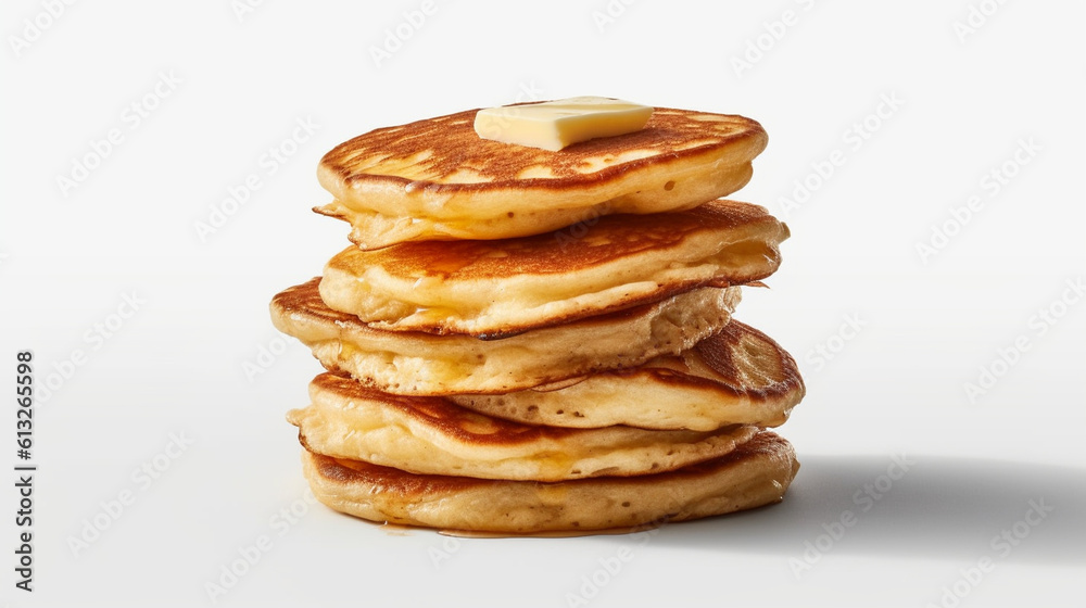 A pile of soft, spongy pancakes set against a white backdrop. Generative AI A pile of soft, spongy pancakes set against a white backdrop. Generative AI