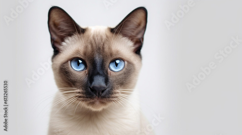 Siamese feline alone against a white backdrop. Generative AI