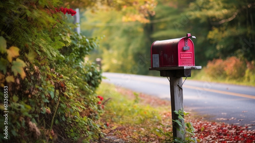 A vibrant scarlet mailbox by the roadside. Generative AI © Julia