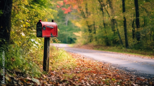 A vibrant scarlet mailbox by the roadside. Generative AI © Julia