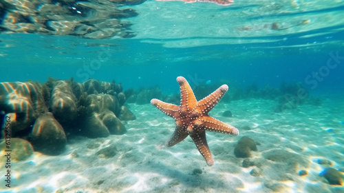 Underwater in the ocean, there are starfish. Generative AI © Julia