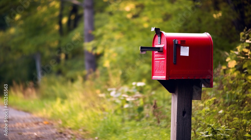 A vibrant scarlet mailbox by the roadside. Generative AI
