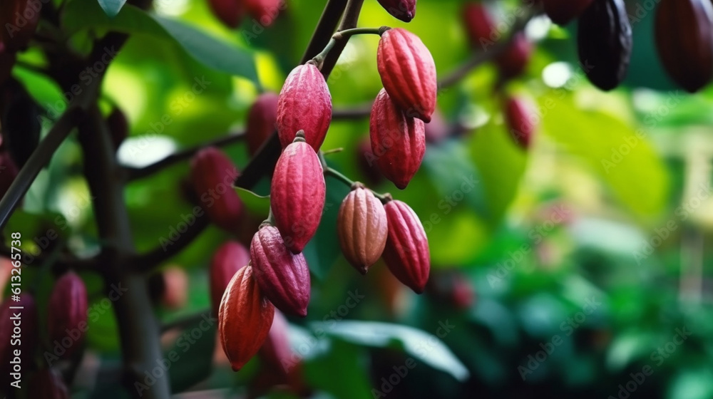 Close-up of cocoa tree with ripe fruits Generative AI Close-up of cocoa tree with ripe fruits Generative AI