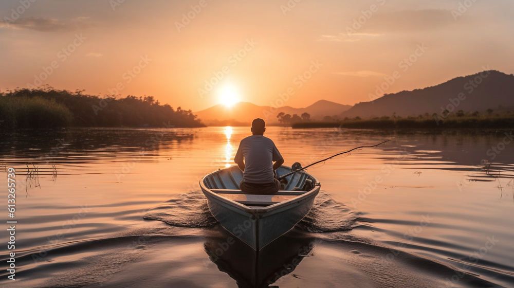 Back view of a fisherman in a boat at sunrise. Generative AI Back view of a fisherman in a boat at sunrise. Generative AI
