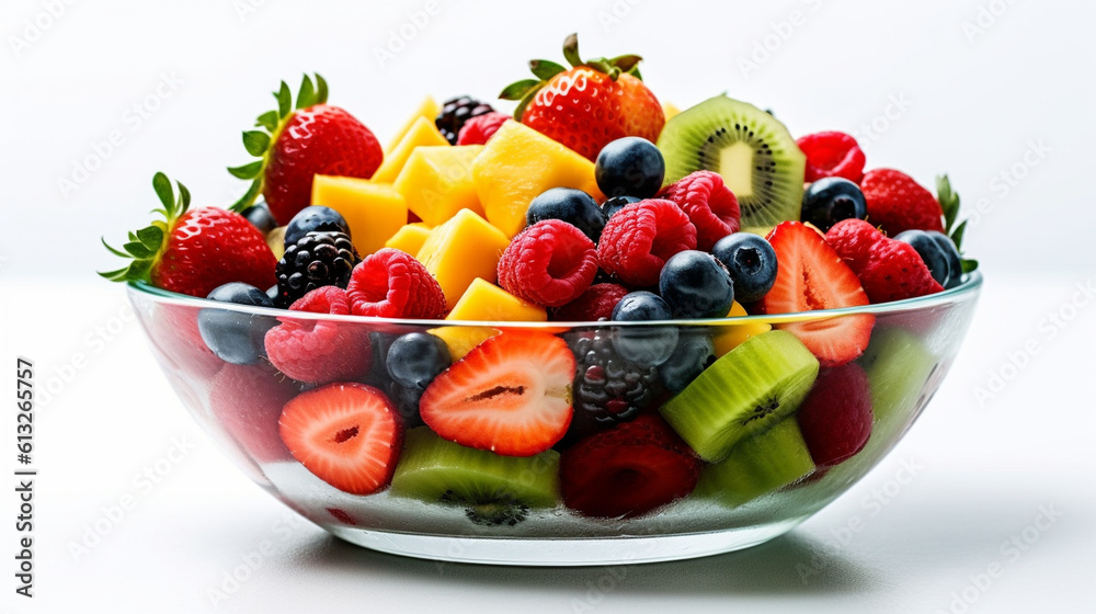 Assortment of fruits arranged in a fruit salad, captured against a white backdrop. Generative AI Assortment of fruits arranged in a fruit salad, captured against a white backdrop. Generative AI