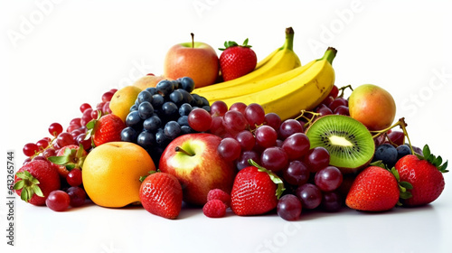 Assortment of fruits arranged in a fruit salad  captured against a white backdrop. Generative AI