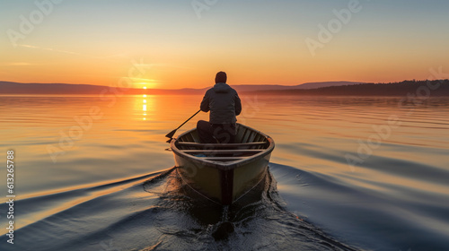 Back view of a fisherman in a boat at sunrise. Generative AI