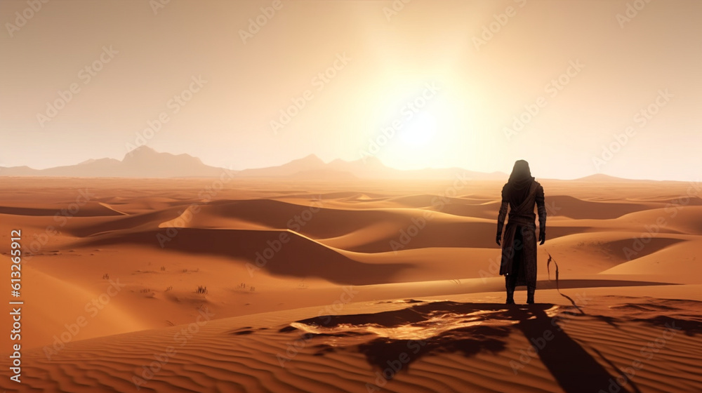 The wanderer stands and gazes at the sandy desert Generative AI