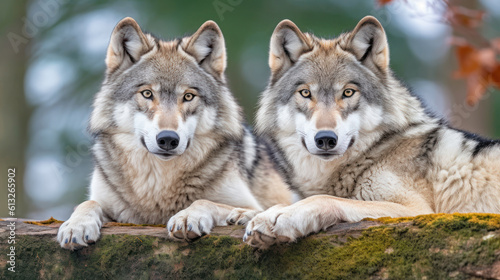 two wolves posing on nature. generative ai