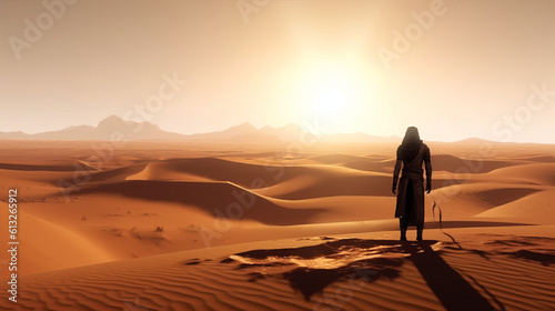 The wanderer stands and gazes at the sandy desert Generative AI © Julia