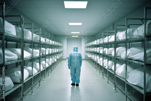forensic on morgue with bodies in bags. generative ai photo
