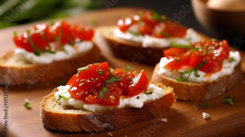 Cream cheese and roasted red pepper wheat bruschetta. Generative AI