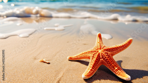Starfish lying on the sandy shore. Generative AI