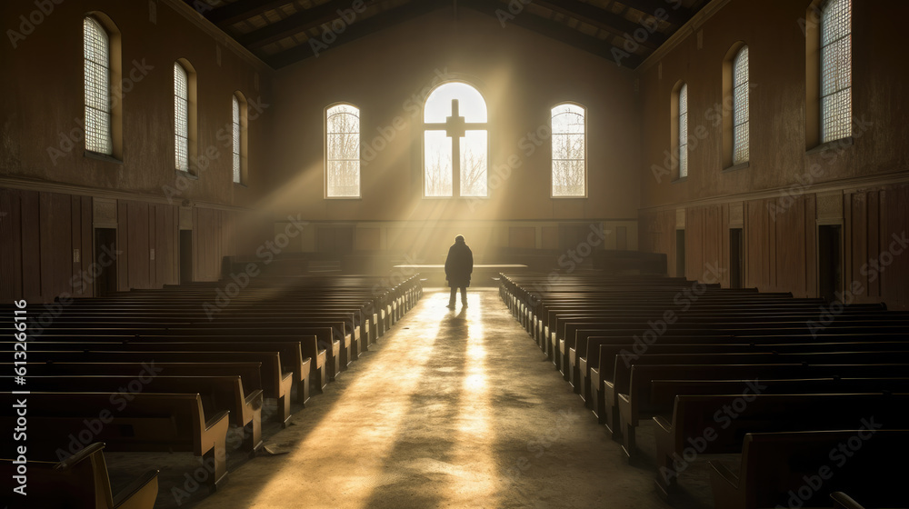 person on empty church. faith. generative ai