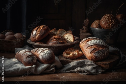 Bakery products. Bread, rolls. Fresh bread, wheat flour. Homemade food, creative photos, cereal products. Natural organic. The main meal. Hot Assortment.