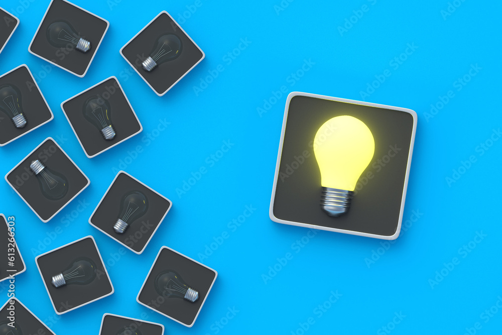 Glowing light bulb on button. Idea concept. Brainstorming and inspiration. Problem solving. Achieving success. Completing tasks. Ingenious strategy. Correct solution. 3d render Glowing light bulb on button. Idea concept. Brainstorming and inspiration. Problem solving. Achieving success. Completing tasks. Ingenious strategy. Correct solution. 3d render