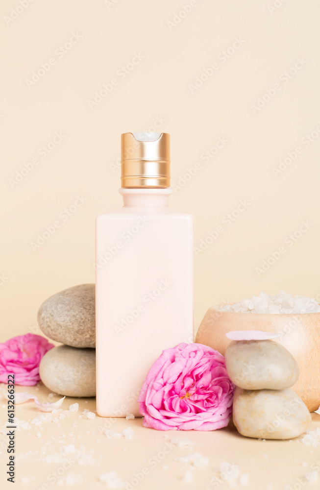 Spa composition with pink roses on wooden table Spa composition with pink roses on wooden table