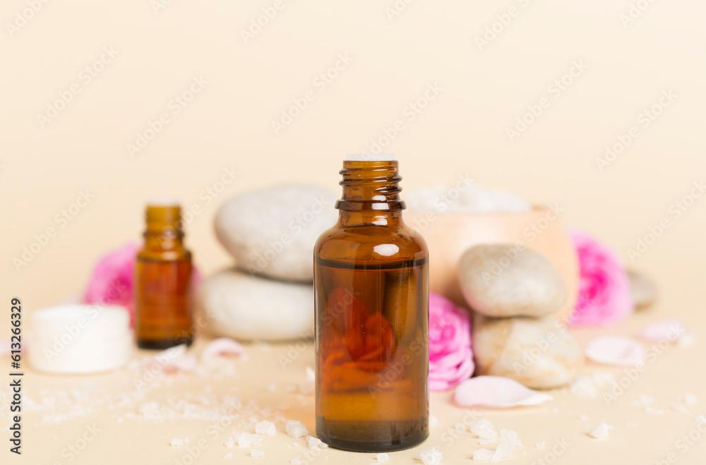Spa composition with pink roses on wooden table Spa composition with pink roses on wooden table
