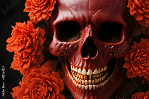 Purple large skull with teeth in flowers on a dark background. Generative AI © YAROSLOVEPHOTOVIDEO