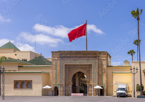 Waving morrocon flag on the Royal Palace in Rabat, the capital of Morocco