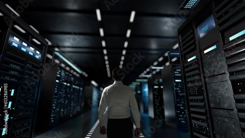 Cost Reduction. IT Administrator Activating Modern Data Center Server with Hologram. photo