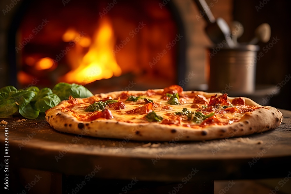 A delicious, freshly-made oven-baked pizza nicely presented and with the pizza oven in the background with flames. Generative AI.