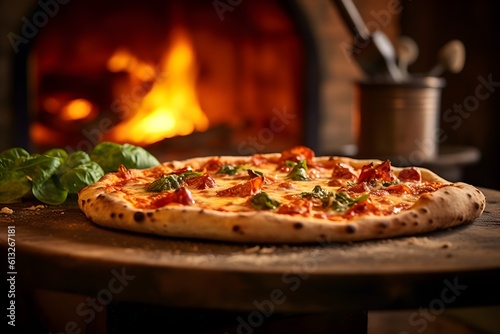 A delicious, freshly-made oven-baked pizza nicely presented and with the pizza oven in the background with flames. Generative AI.