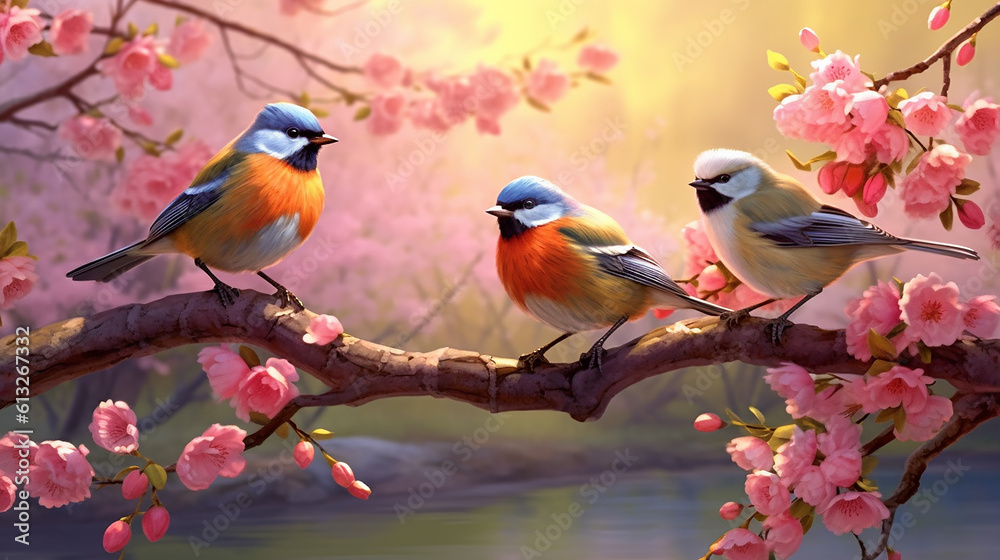 Beautiful bird on pink spring flowers in a tree. (Generative AI)