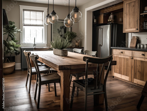 Traditional Rustic Craftsman Farmhouse Living room and Dining room In Rustic Wooden House Interior Design, Generative AI