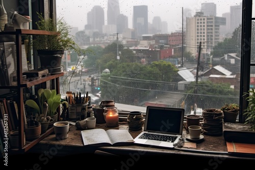 View from a plant-cluttered desk out a window into a rainy city, Generative AI 