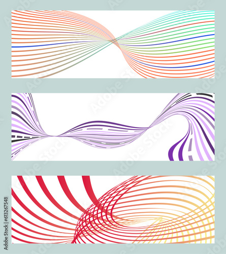 Wavy lines or ribbons. Set of 3 backgrounds. Multicolored striped gradient. Creative unusual background with abstract gradient wave lines to create a trendy banner, poster. vector eps © HALINA YERMAKOVA