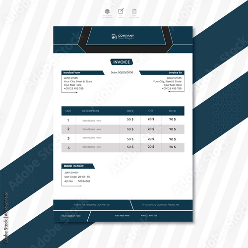 Minimal Corporate Business Invoice design template vector illustration bill form price invoice. Creative invoice template vector. business stationery design payment agreement design template
