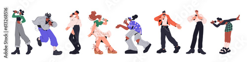 Happy people with microphones singing karaoke. Expressive vocalists hold mics and perform songs at vocal event or party. Live music performance of talented singers. Isolated flat vector illustrations