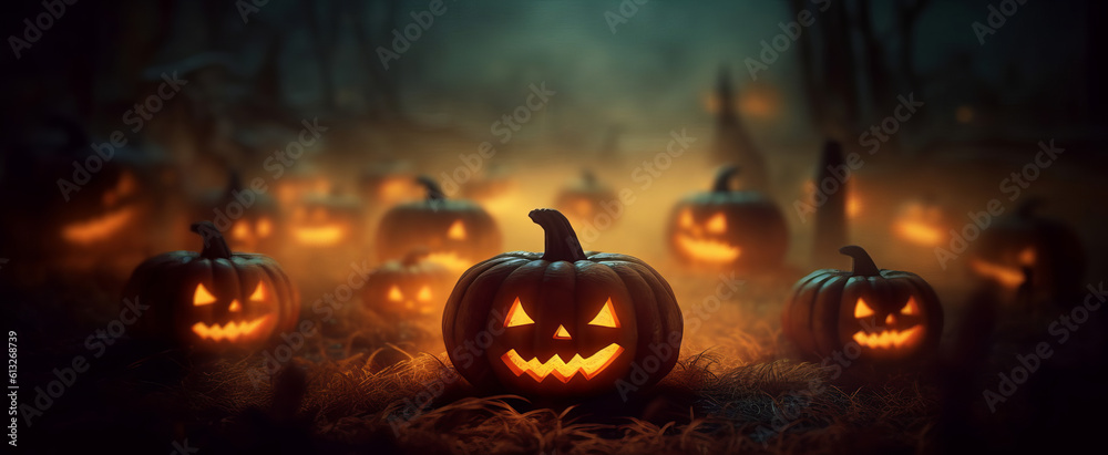 Creepy halloween carved pumpkin jack-o-lantern in a spooky landscape at night. Generative ai Creepy halloween carved pumpkin jack-o-lantern in a spooky landscape at night. Generative ai