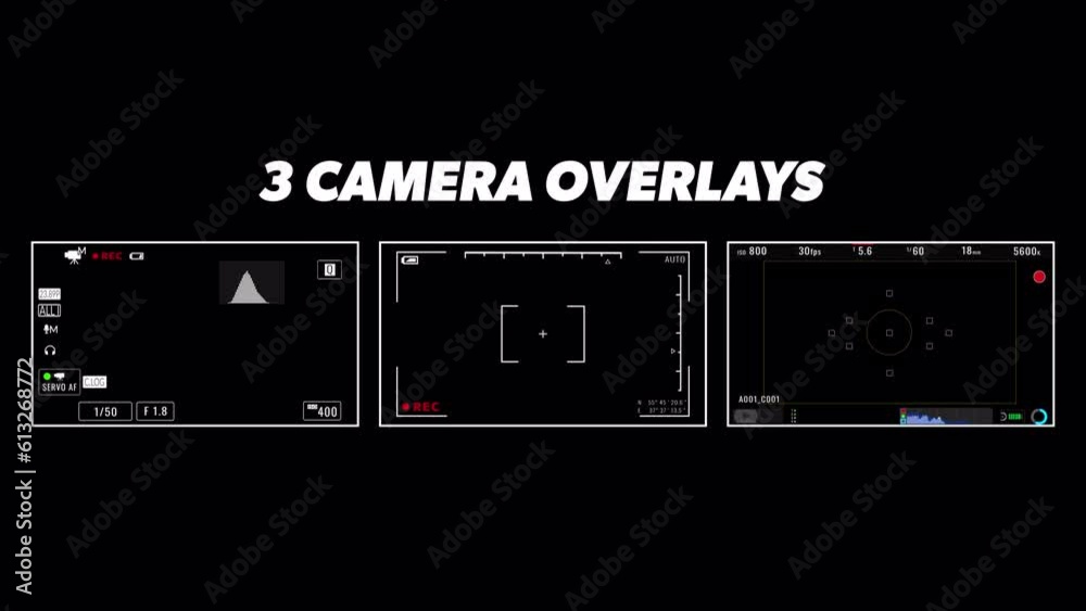 3x 4K Camera recording screen overlay with transparant background. Camera frame viewfinder, screen of video recorder digital display with multiple settings inspired by real cameras. (2/2)