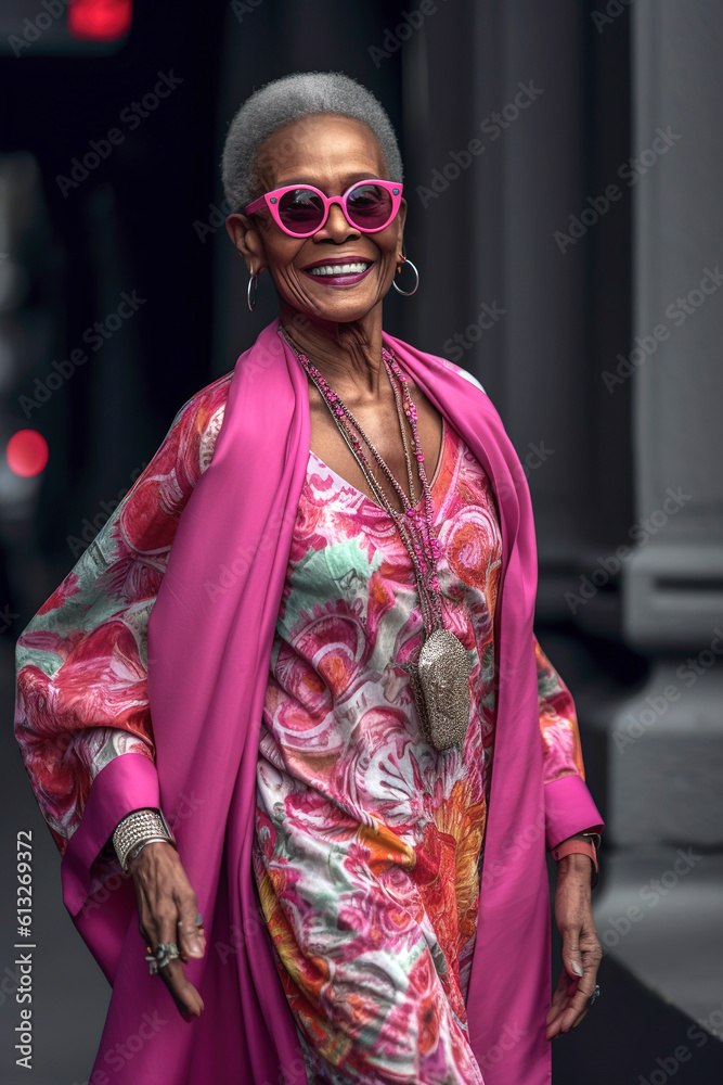 Generative AI illustration of 60 years old black woman dressed in haute couture walking through the streets of Paris