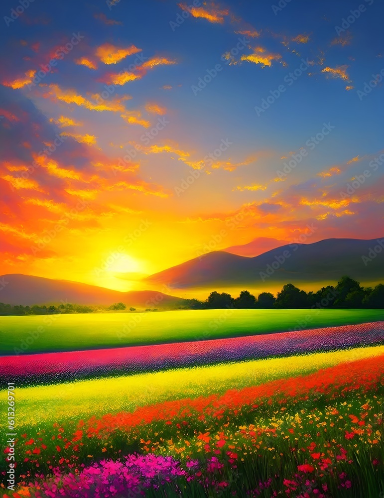 Picturesque landscape in vertical format of a beautiful sunset with a view of the horizon, flowers and mountains #2. Generative AI