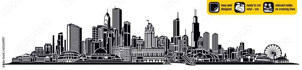 Fototapeta premium Detailed Chicago USA skyline vector, ideal for vinyl cutting. Showcases major American landmarks in a single captivating design. Vinyl ready design. Wall sticker. Wall decal. Black and white.